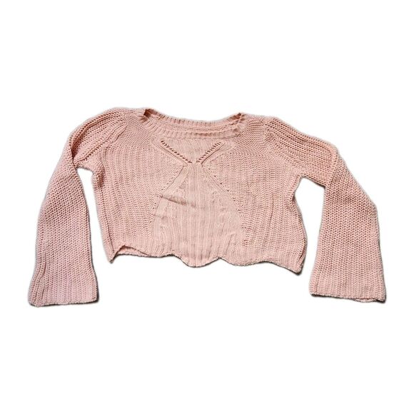 Aerie Sweaters - Aerie Chunky Knit Pink Sweater Crop Wide Sleeve Scalloped Hem Oversized Sz S EUC